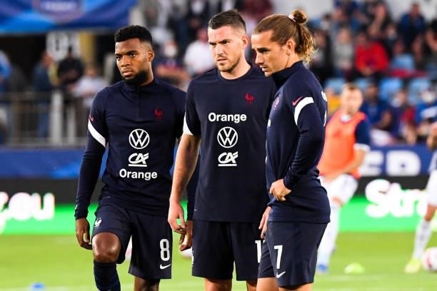 Thomas LEMAR, Jordan VERETOUT and Antoine GRIEZMANN of France during the FIFA World Cup 2022 Qatar qualifying match between France and Bosnia...