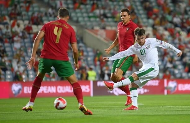 Faro , Portugal - 1 September 2021; Aaron Connolly of Republic of Ireland has a shot on goal during the FIFA World Cup 2022 qualifying group A match...