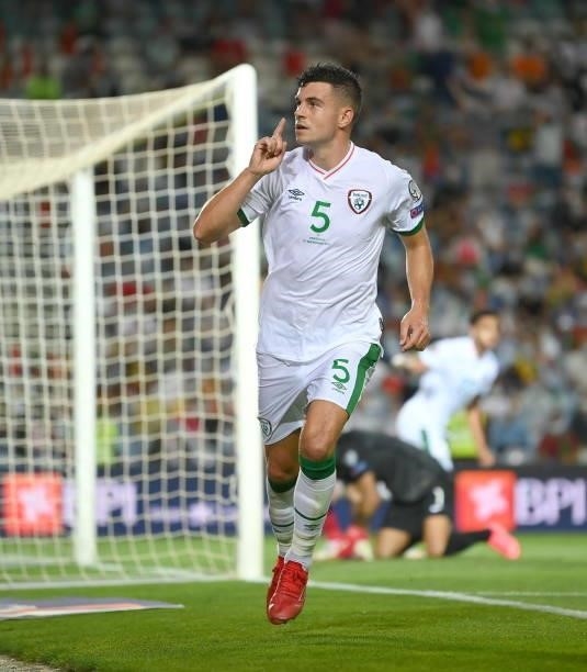 Faro , Portugal - 1 September 2021; John Egan of Republic of Ireland celebrates after scoring his side's goal during the FIFA World Cup 2022...