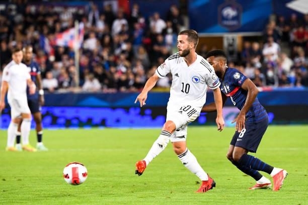 Miralem PJANIC of Bosnia and Thomas LEMAR of France during the FIFA World Cup 2022 Qatar qualifying match between France and Bosnia Herzegovina on...