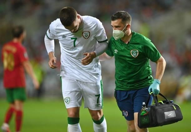 Faro , Portugal - 1 September 2021; Matt Doherty of Republic of Ireland and Republic of Ireland chartered physiotherapist Kevin Mulholland during the...