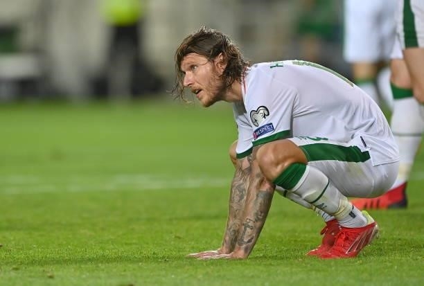Faro , Portugal - 1 September 2021; Jeff Hendrick of Republic of Ireland reacts after his side concede a second goal, scored by Cristiano Ronaldo of...