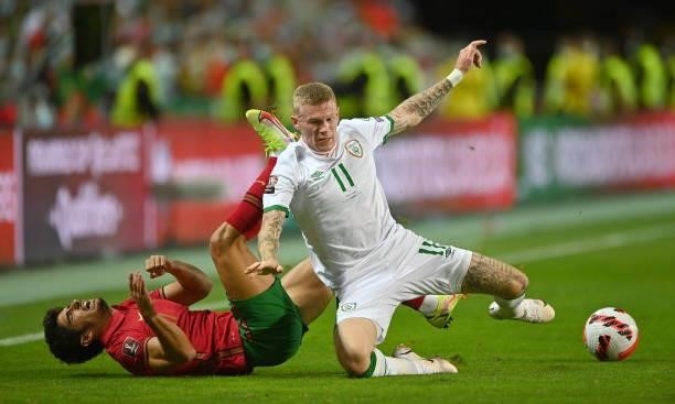 Faro , Portugal - 1 September 2021; James McClean of Republic of Ireland in action against Gonçalo Inácio of Portugal during the FIFA World Cup 2022...