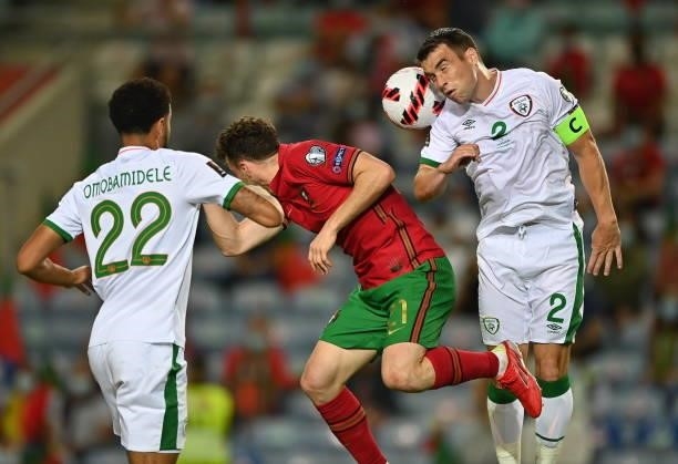 Faro , Portugal - 1 September 2021; Seamus Coleman of Republic of Ireland in action against Diogo Jota of Portugal during the FIFA World Cup 2022...