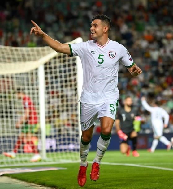 Faro , Portugal - 1 September 2021; John Egan of Republic of Ireland celebrates after scoring his side's goal during the FIFA World Cup 2022...
