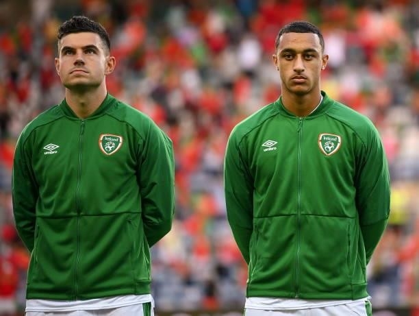 Faro , Portugal - 1 September 2021; John Egan and Adam Idah of Republic of Ireland before the FIFA World Cup 2022 qualifying group A match between...