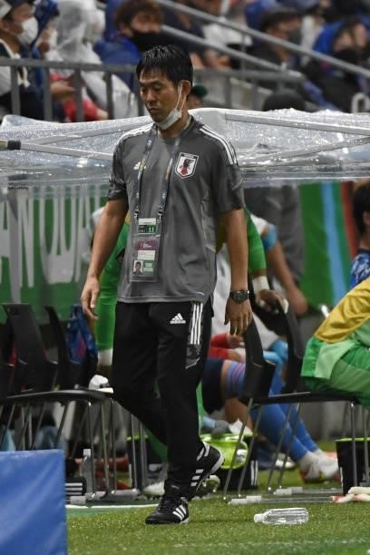Hajime Moriyasu, coach of Japan looks dejected during FIFA World Cup Asian Qualifier Final Round Group B match between Japan and Oman at Panasonic...