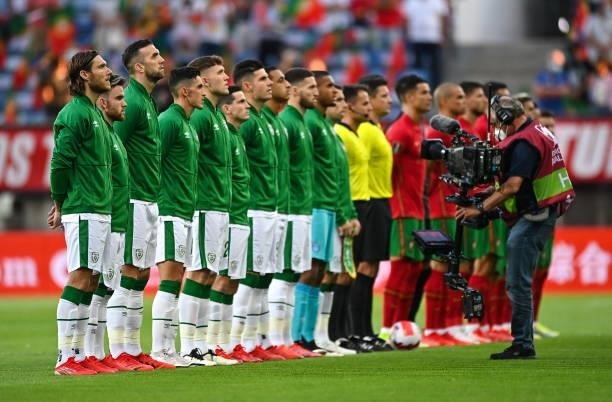 Faro , Portugal - 1 September 2021; Republic of Ireland players during Amhrán na bhFiann before the FIFA World Cup 2022 qualifying group A match...