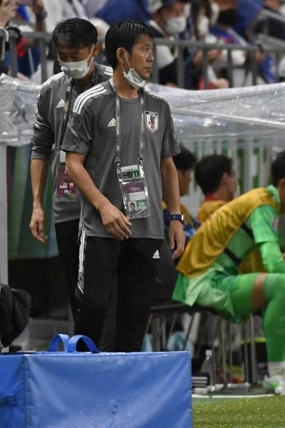 Hajime Moriyasu, coach of Japan looks dejected during FIFA World Cup Asian Qualifier Final Round Group B match between Japan and Oman at Panasonic...