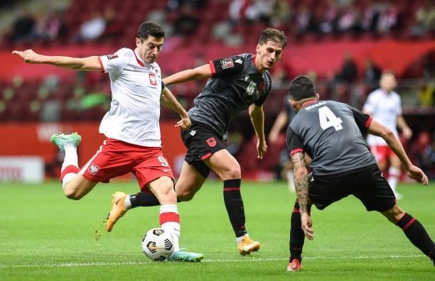 Robert Lewandowski of Poland takes a shot on goal during the 2022 FIFA World Cup Qualifier match between Poland and Albania at National Stadium on...