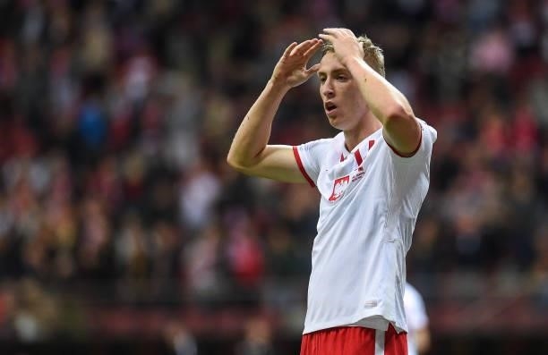 Adam Buksa of Poland reacts during the 2022 FIFA World Cup Qualifier match between Poland and Albania at National Stadium on September 2, 2021 in...