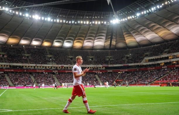 Adam Buksa of Poland reacts during the 2022 FIFA World Cup Qualifier match between Poland and Albania at National Stadium on September 2, 2021 in...