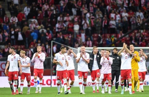 Jan Bednarek, Kamil Glik, Robert Lewandowski and Maciej Rybus reacts during the 2022 FIFA World Cup Qualifier match between Poland and Albania at...
