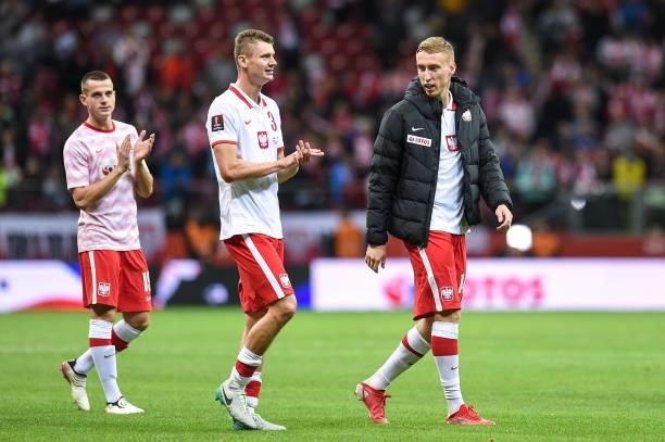 Pawel Dawidowicz and Adam Buksa of Poland reacts during the 2022 FIFA World Cup Qualifier match between Poland and Albania at National Stadium on...