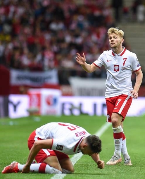 Kamil Jozwiak of Poland reacts during the 2022 FIFA World Cup Qualifier match between Poland and Albania at National Stadium on September 2, 2021 in...