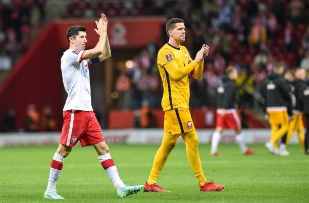 Robert Lewandowski and Wojciech Szczesny of Poland reacts during the 2022 FIFA World Cup Qualifier match between Poland and Albania at National...