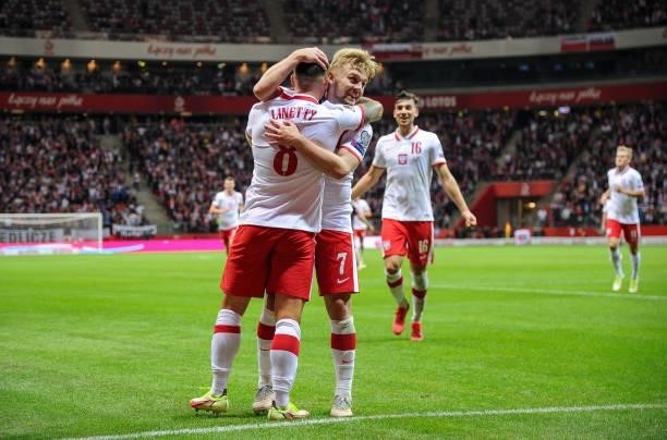 Karol Linetty and Kamil Jozwiak of Poland celebrates scoring the goal with during the 2022 FIFA World Cup Qualifier match between Poland and Albania...