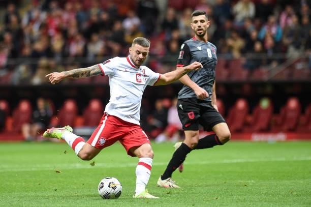 Karol Linetty of Poland scores a goal during the 2022 FIFA World Cup Qualifier match between Poland and Albania at National Stadium on September 2,...