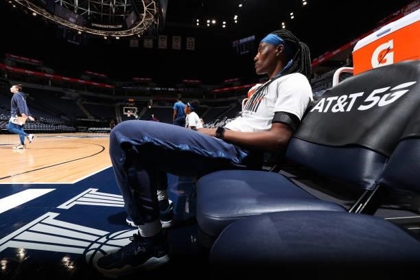 Sylvia Fowles of the Minnesota Lynx looks on before the game against the Los Angeles Sparks on September 2, 2021 at Target Center in Minneapolis,...
