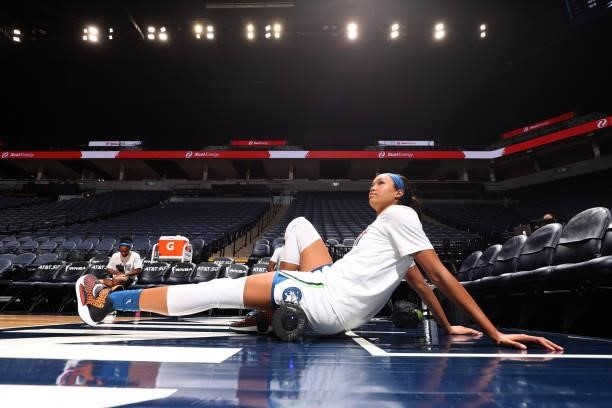 Napheesa Collier of the Minnesota Lynx warms up before the game against the Los Angeles Sparks on September 2, 2021 at Target Center in Minneapolis,...