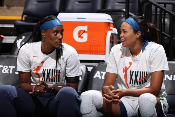 Sylvia Fowles and Napheesa Collier of the Minnesota Lynx talk before the game against the Los Angeles Sparks on September 2, 2021 at Target Center in...