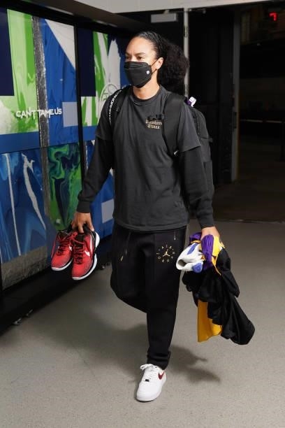 Kristi Toliver of the Los Angeles Sparks arrives to the arena before the game against the Minnesota Lynx on September 2, 2021 at Target Center in...