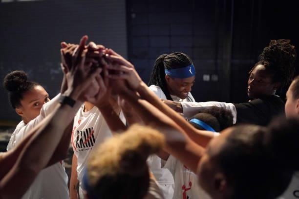 Sylvia Fowles of the Minnesota Lynx huddles with the team before the game against the Los Angeles Sparks on September 2, 2021 at Target Center in...