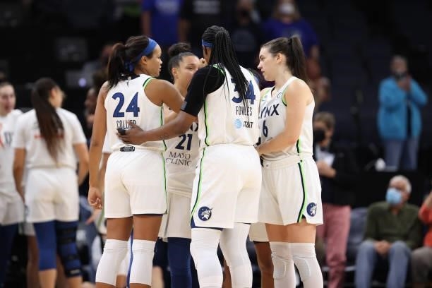 The Minnesota Lynx huddle before the game against the Los Angeles Sparks on September 2, 2021 at Target Center in Minneapolis, Minnesota. NOTE TO...