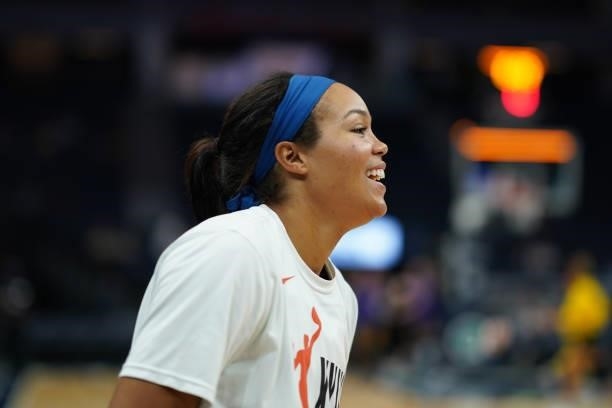 Napheesa Collier of the Minnesota Lynx smiles before the game against the Los Angeles Sparks on September 2, 2021 at Target Center in Minneapolis,...