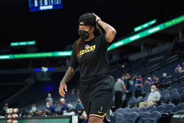 Assistant Coach Seimone Augustus of the Los Angeles Sparks smiles before the game against the Minnesota Lynx on September 2, 2021 at Target Center in...