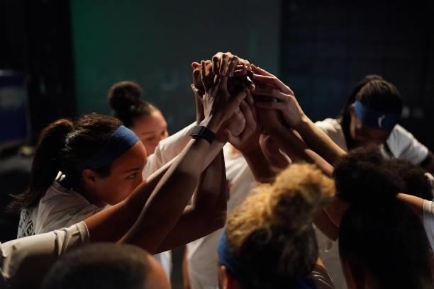 Napheesa Collier and the Minnesota Lynx huddle before the game against the Los Angeles Sparks on September 2, 2021 at Target Center in Minneapolis,...