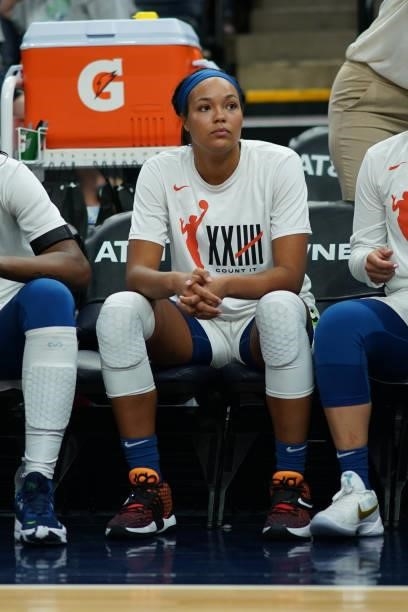 Napheesa Collier of the Minnesota Lynx looks on before the game against the Los Angeles Sparks on September 2, 2021 at Target Center in Minneapolis,...