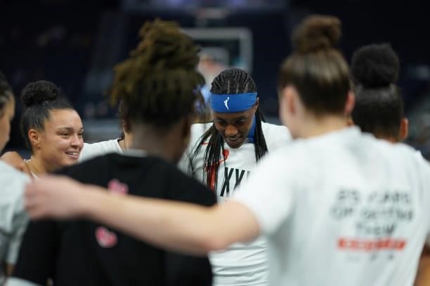 Sylvia Fowles and the Minnesota Lynx huddle before the game against the Los Angeles Sparks on September 2, 2021 at Target Center in Minneapolis,...