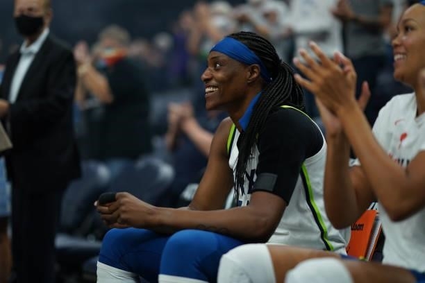 Sylvia Fowles of the Minnesota Lynx smiles before the game against the Los Angeles Sparks on September 2, 2021 at Target Center in Minneapolis,...