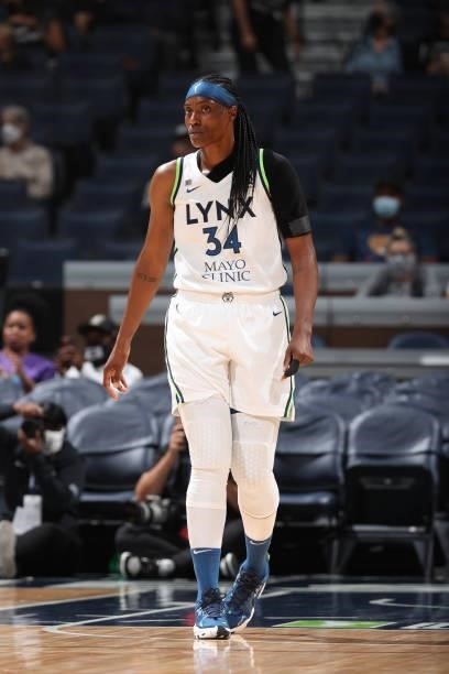 Sylvia Fowles of the Minnesota Lynx looks on during the game against the Los Angeles Sparks on September 2, 2021 at Target Center in Minneapolis,...