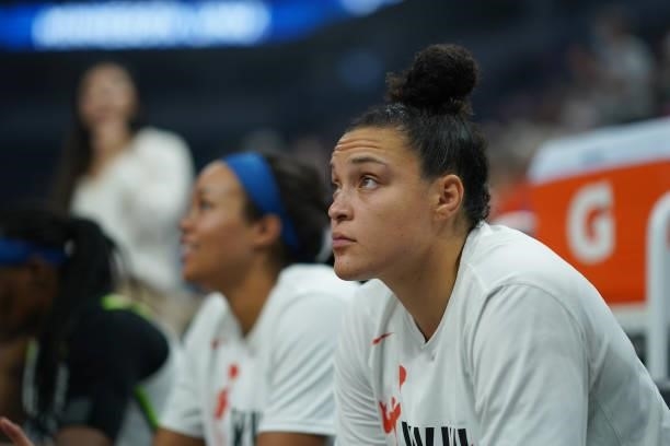 Kayla McBride of the Minnesota Lynx looks on before the game against the Los Angeles Sparks on September 2, 2021 at Target Center in Minneapolis,...