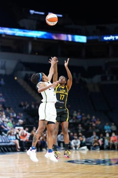 Erica Wheeler of the Los Angeles Sparks shoots the ball during the game against the Minnesota Lynx on September 2, 2021 at Target Center in...