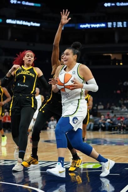 Kayla McBride of the Minnesota Lynx drives to the basket during the game against the Los Angeles Sparks on September 2, 2021 at Target Center in...