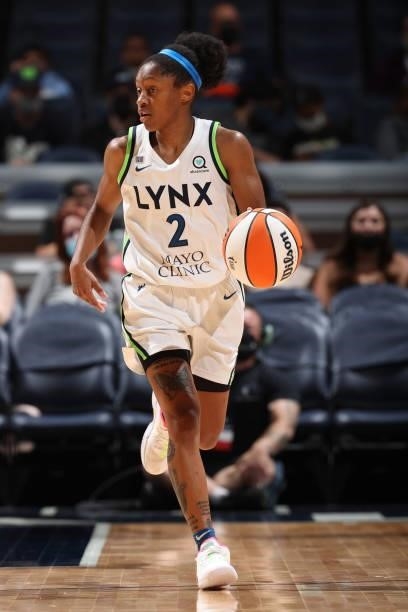 Crystal Dangerfield of the Minnesota Lynx drives to the basket during the game against the Los Angeles Sparks on September 2, 2021 at Target Center...