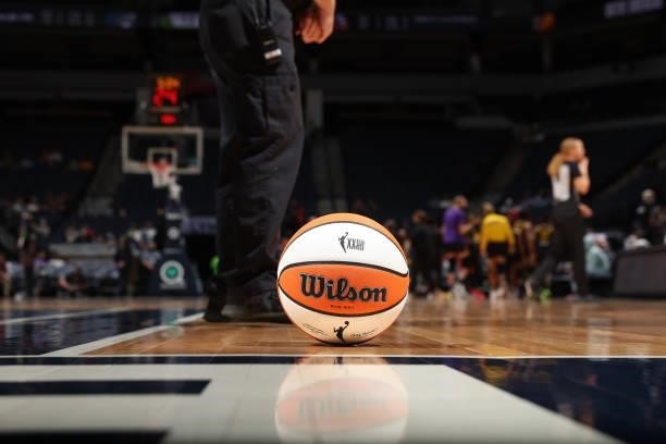 Detail shot of the Wilson ball used during the game between the Los Angeles Sparks and the Minnesota Lynx on September 2, 2021 at Target Center in...