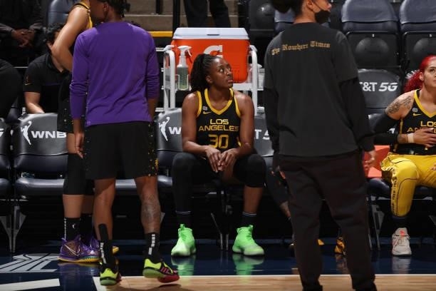 Nneka Ogwumike of the Los Angeles Sparks looks on before the game against the Minnesota Lynx on September 2, 2021 at Target Center in Minneapolis,...