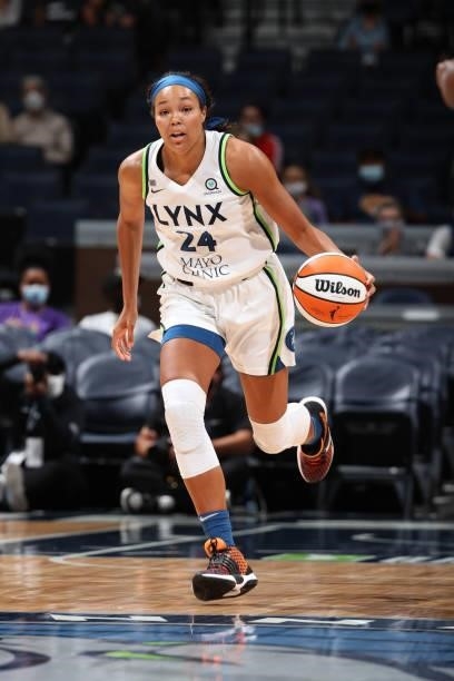 Napheesa Collier of the Minnesota Lynx dribbles the ball during the game against the Los Angeles Sparks on September 2, 2021 at Target Center in...