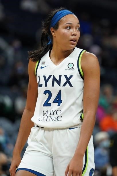 Napheesa Collier of the Minnesota Lynx looks on during the game against the Los Angeles Sparks on September 2, 2021 at Target Center in Minneapolis,...