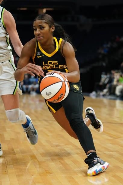 Te'a Cooper of the Los Angeles Sparks dribbles the ball during the game against the Minnesota Lynx on September 2, 2021 at Target Center in...