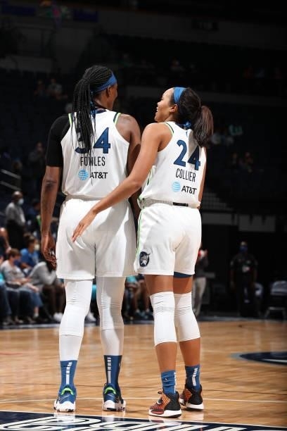 Sylvia Fowles and Napheesa Collier of the Minnesota Lynx embrace during the game against the Los Angeles Sparks on September 2, 2021 at Target Center...