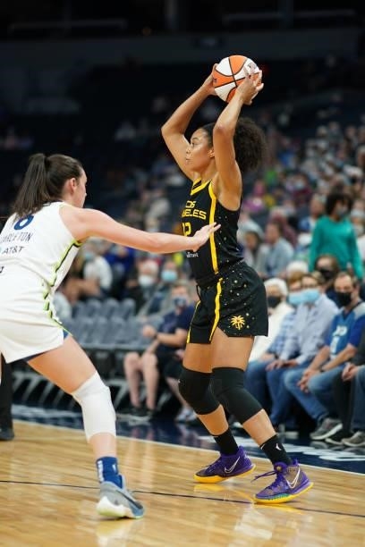 Nia Coffey of the Los Angeles Sparks handles the ball during the game against the Minnesota Lynx on September 2, 2021 at Target Center in...