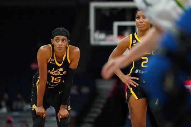 Brittney Sykes of the Los Angeles Sparks looks on during the game against the Minnesota Lynx on September 2, 2021 at Target Center in Minneapolis,...