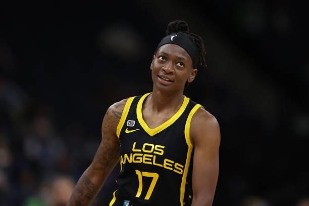 Erica Wheeler of the Los Angeles Sparks smiles during the game against the Minnesota Lynx on September 2, 2021 at Target Center in Minneapolis,...