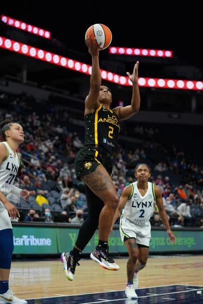 Te'a Cooper of the Los Angeles Sparks shoots the ball during the game against the Minnesota Lynx on September 2, 2021 at Target Center in...