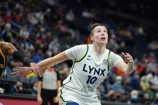 Jessica Shepard of the Minnesota Lynx fights for position during the game against the Los Angeles Sparks on September 2, 2021 at Target Center in...